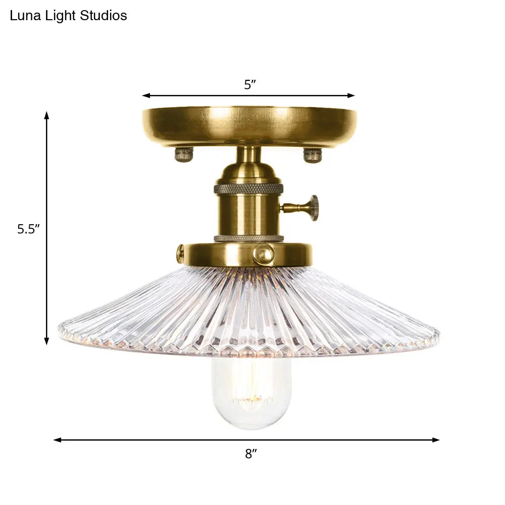 Industrial Bronze Cone/Saucer Semi Flush Mount Light with White/Clear Glass - 1 Light Living Room Ceiling Fixture