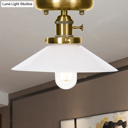 Industrial Bronze Cone/Saucer Semi Flush Mount Light with White/Clear Glass - 1 Light Living Room Ceiling Fixture