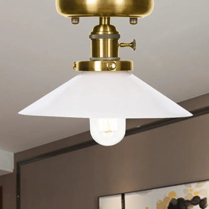 Industrial Bronze Cone/Saucer Semi Flush Mount Light with White/Clear Glass - 1 Light Living Room Ceiling Fixture