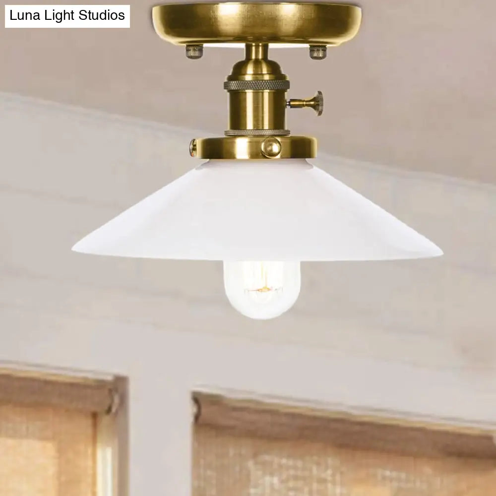 Industrial Bronze Cone/Saucer Semi Flush Mount Light with White/Clear Glass - 1 Light Living Room Ceiling Fixture