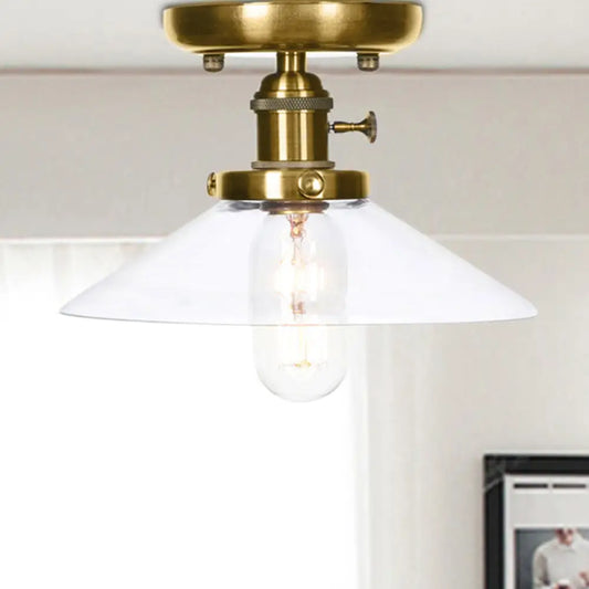 Industrial Bronze Cone/Saucer Semi Flush Mount Light with White/Clear Glass - 1 Light Living Room Ceiling Fixture