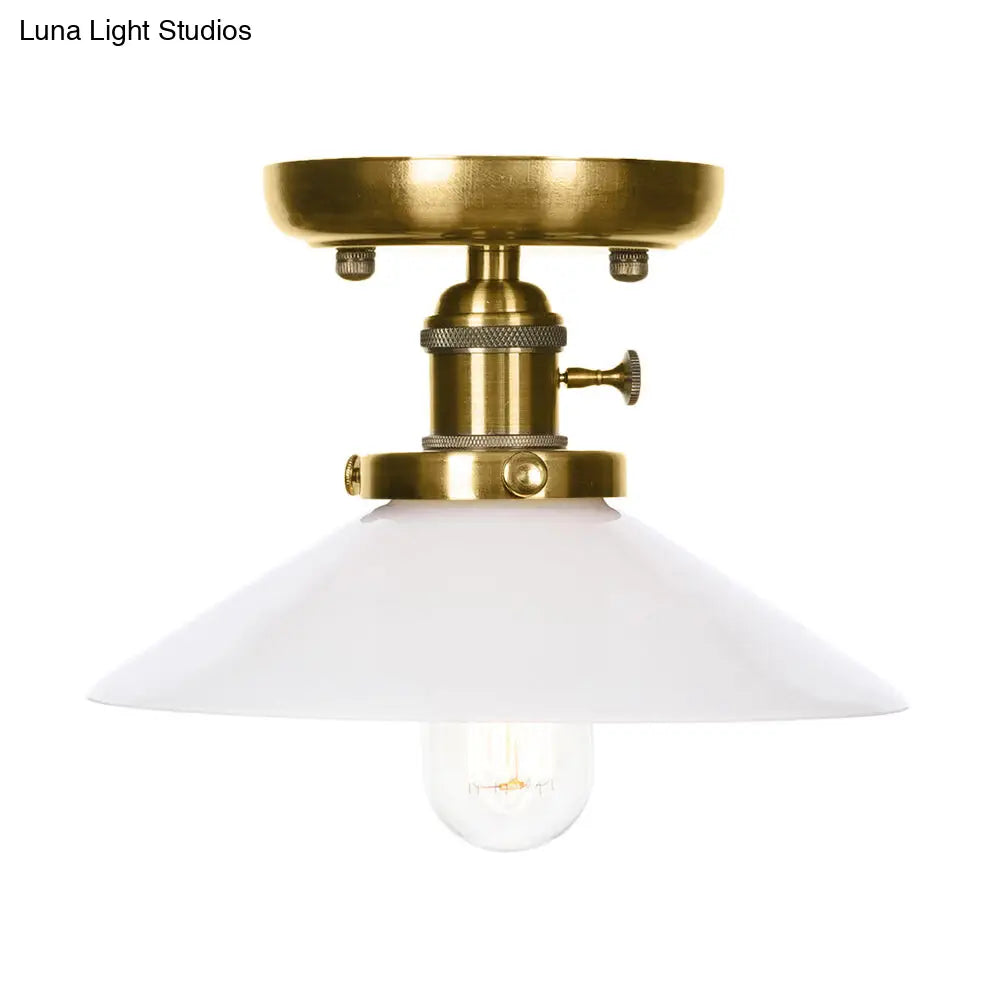 Industrial Bronze Cone/Saucer Semi Flush Mount Light with White/Clear Glass - 1 Light Living Room Ceiling Fixture