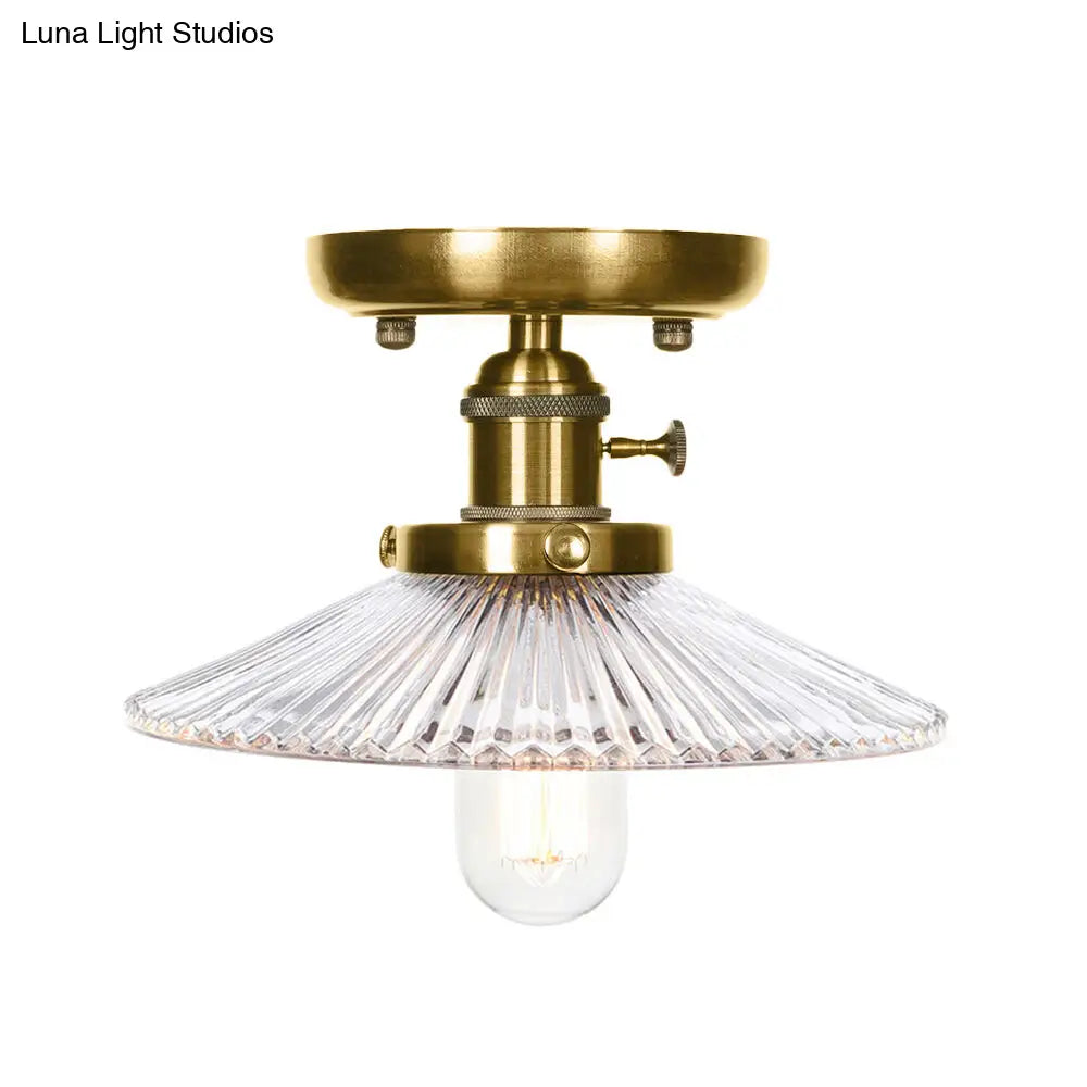 Industrial Bronze Cone/Saucer Semi Flush Mount Light with White/Clear Glass - 1 Light Living Room Ceiling Fixture