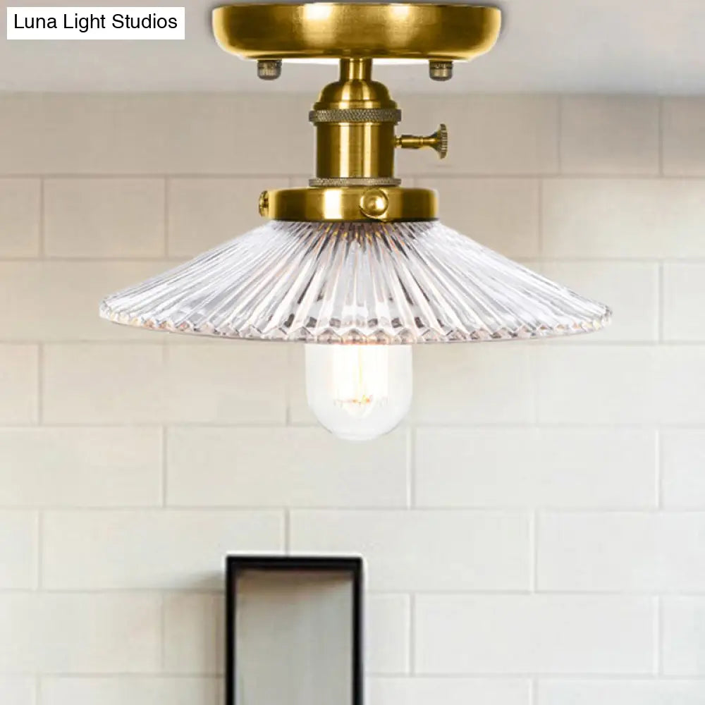 Industrial Bronze Cone/Saucer Semi Flush Mount Light with White/Clear Glass - 1 Light Living Room Ceiling Fixture