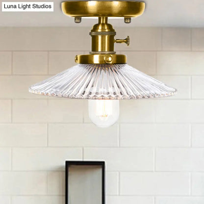 Industrial Bronze Cone/Saucer Semi Flush Mount Light with White/Clear Glass - 1 Light Living Room Ceiling Fixture