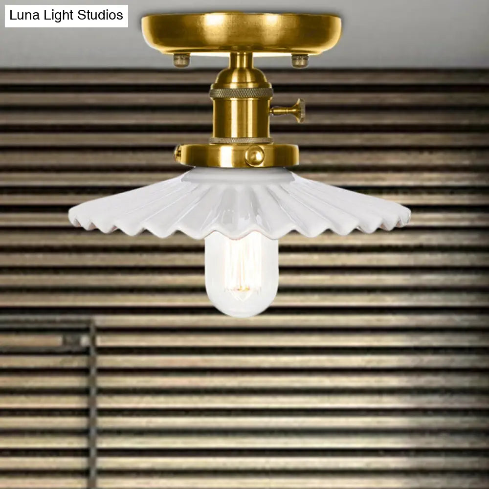 Industrial Bronze Cone/Saucer Semi Flush Mount Light with White/Clear Glass - 1 Light Living Room Ceiling Fixture