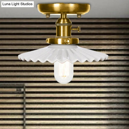 Industrial Bronze Cone/Saucer Semi Flush Mount Light with White/Clear Glass - 1 Light Living Room Ceiling Fixture