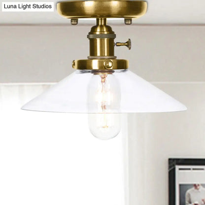 Industrial Bronze Cone/Saucer Semi Flush Mount Light with White/Clear Glass - 1 Light Living Room Ceiling Fixture