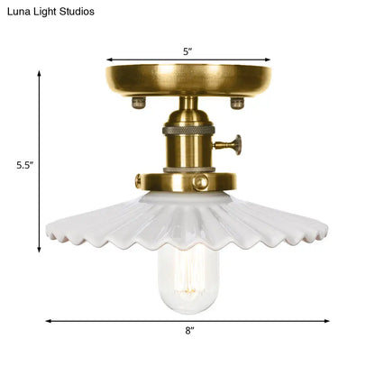 Industrial Bronze Cone/Saucer Semi Flush Mount Light with White/Clear Glass - 1 Light Living Room Ceiling Fixture