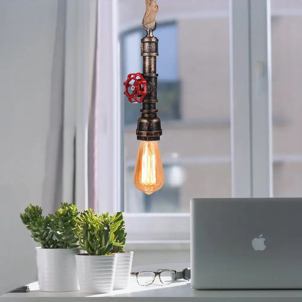 Industrial bronze iron water pipe pendant light with dark metal pipes red valve handle and exposed Edison bulb