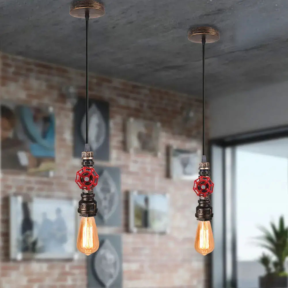Industrial bronze iron water pipe pendant light with red valve handles and exposed filament bulbs for kitchen lighting