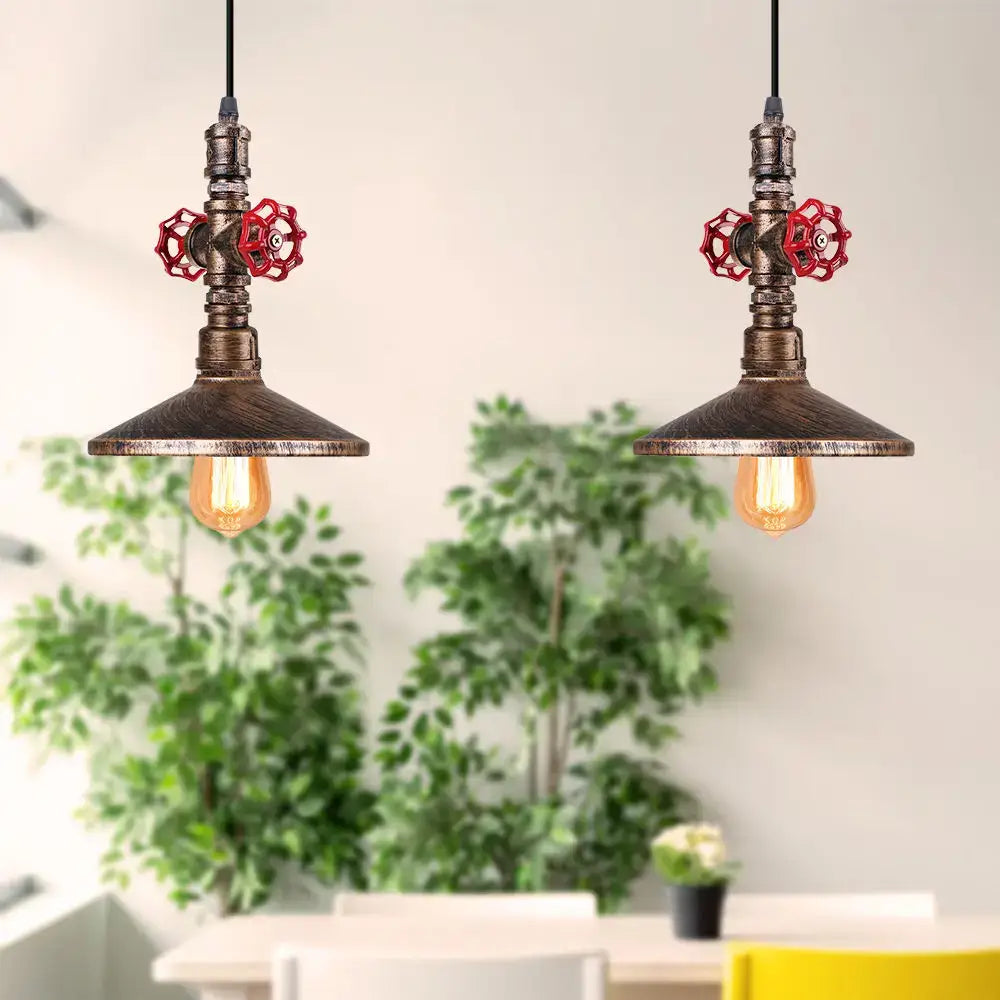 Industrial bronze iron water pipe pendant light with rusted pipes and bright red valve handles for kitchen edison lamp