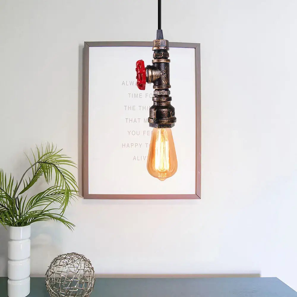 Industrial bronze iron water pipe pendant light with dark metallic pipe and red valve handle for kitchen edison lamp