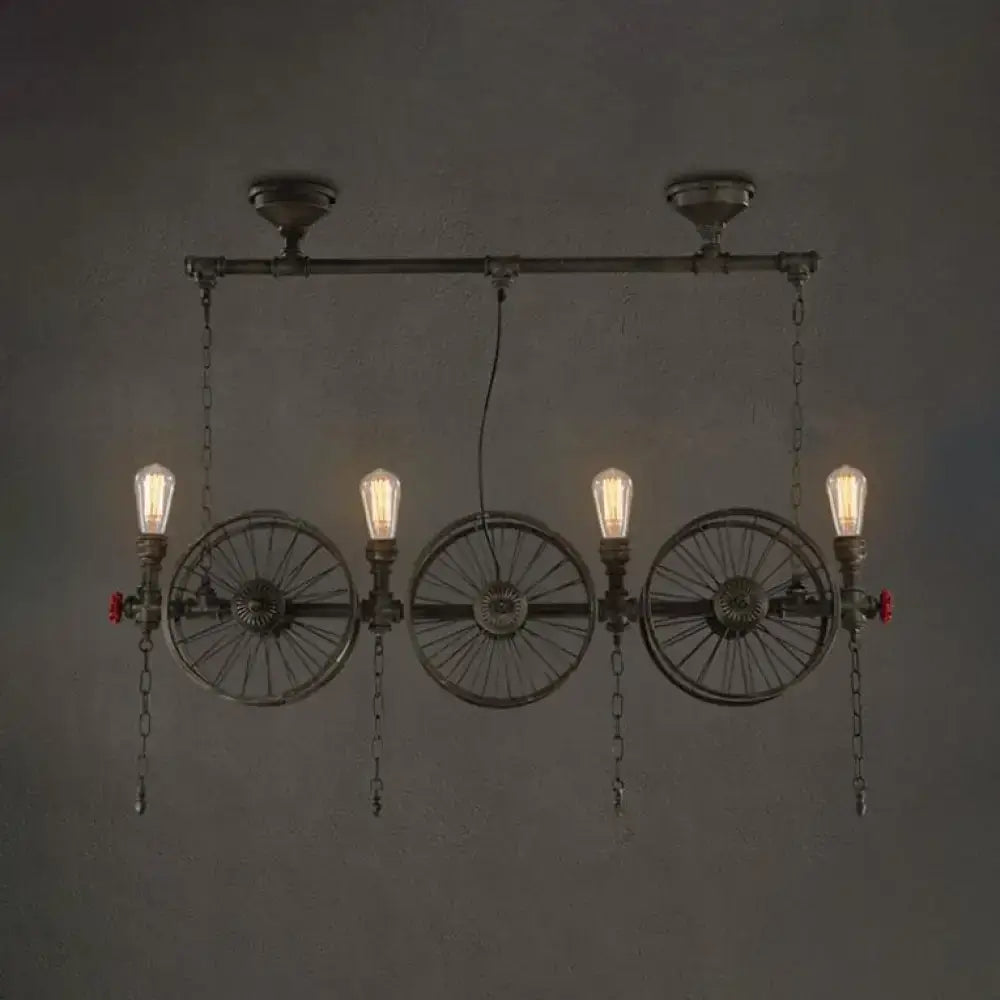 Decorbites™ industrial farmhouse style island light in bronze featuring wheel design with exposed led incandescent bulbs