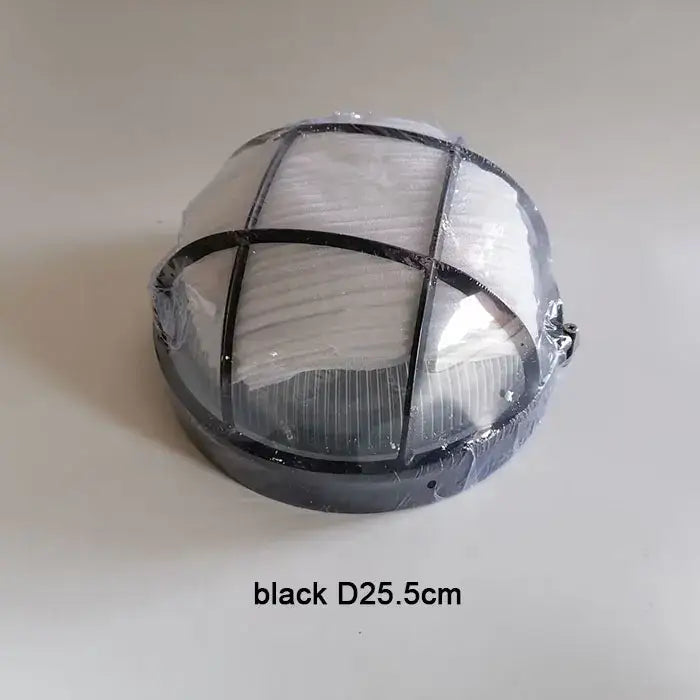 Black dome-shaped industrial bronze metal cage outdoor ceiling lamp with protective clear plastic cover for yard lighting