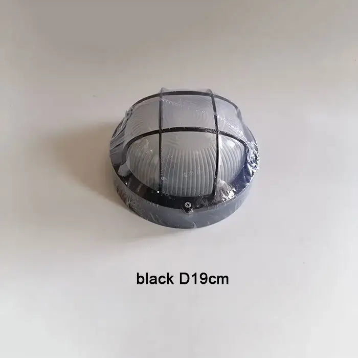 Black oval-shaped industrial bronze metal cage outdoor ceiling lamp with ribbed translucent cover and protective grid