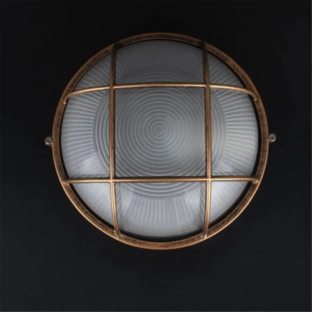 Copper finished industrial bronze metal cage outdoor ceiling lamp with frosted glass diffuser and protective grid cage
