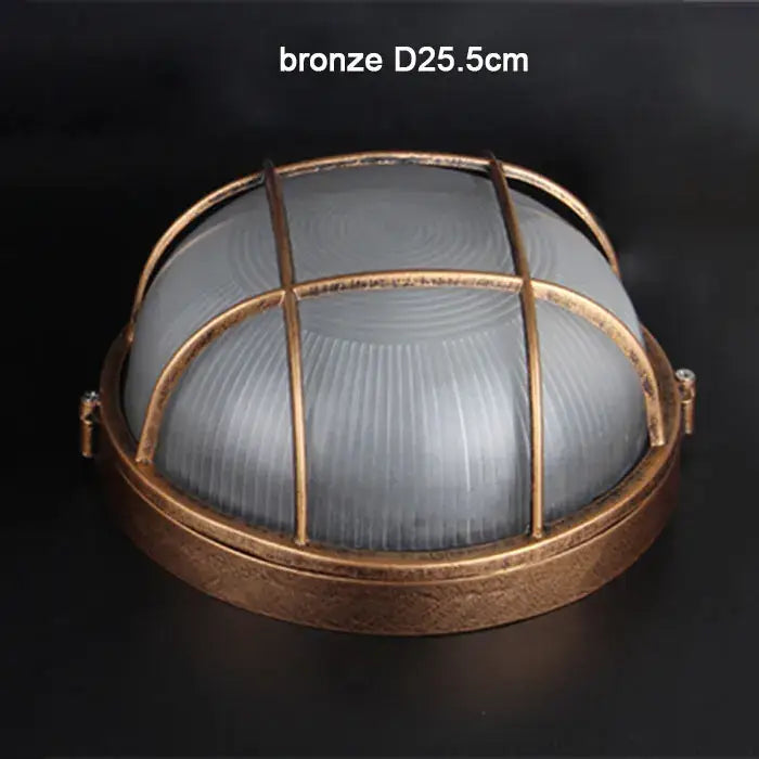 Industrial bronze metal cage outdoor ceiling lamp with frosted glass dome and protective cage for outdoor ceiling use