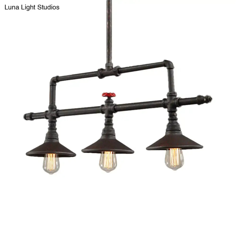 Industrial bronze pipe island light dining room five bulb pendant with black pipe chandelier and red valve accent