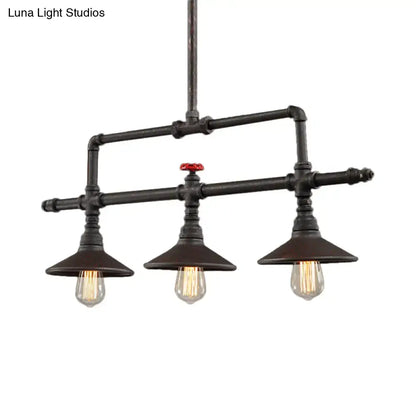 Industrial bronze pipe island light dining room five bulb pendant with black pipe chandelier and red valve accent