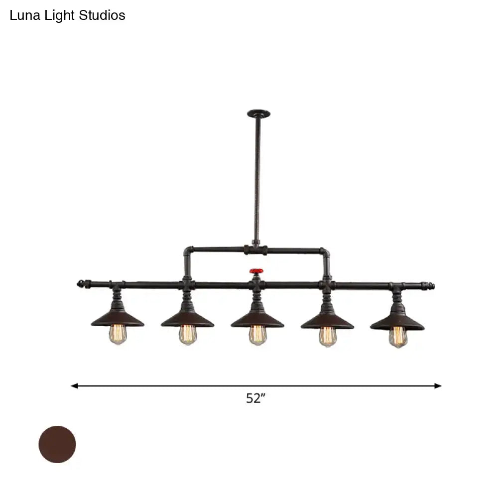 Industrial bronze pipe island light dining room pendant featuring five exposed filament bulbs and a red valve accent