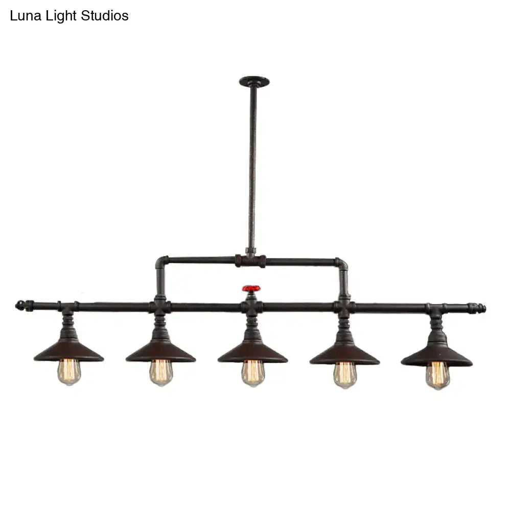 Industrial bronze pipe island light dining room pendant with five exposed filament bulbs and black pipe chandelier design