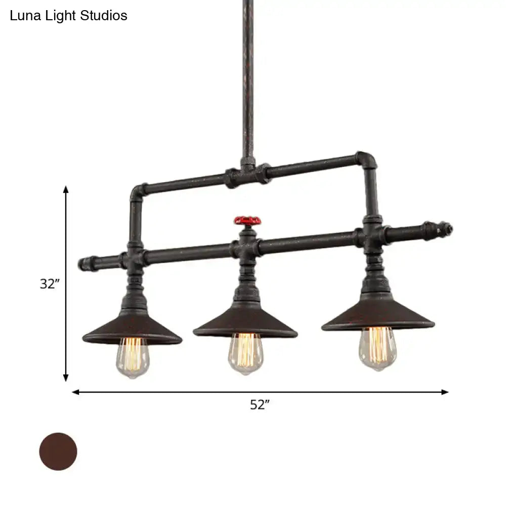 Industrial bronze pipe island light with five black pipe bulbs and red valve accent for dining room pendant lighting
