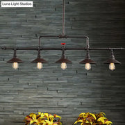 Industrial bronze pipe island light with dark bronze valve design five exposed edison bulbs under conical shades