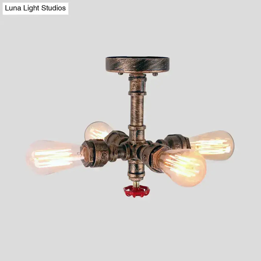 Industrial bronze semi flush foyer light with decorative valve bulb base and rustic bronze pipe design with four filament bulbs