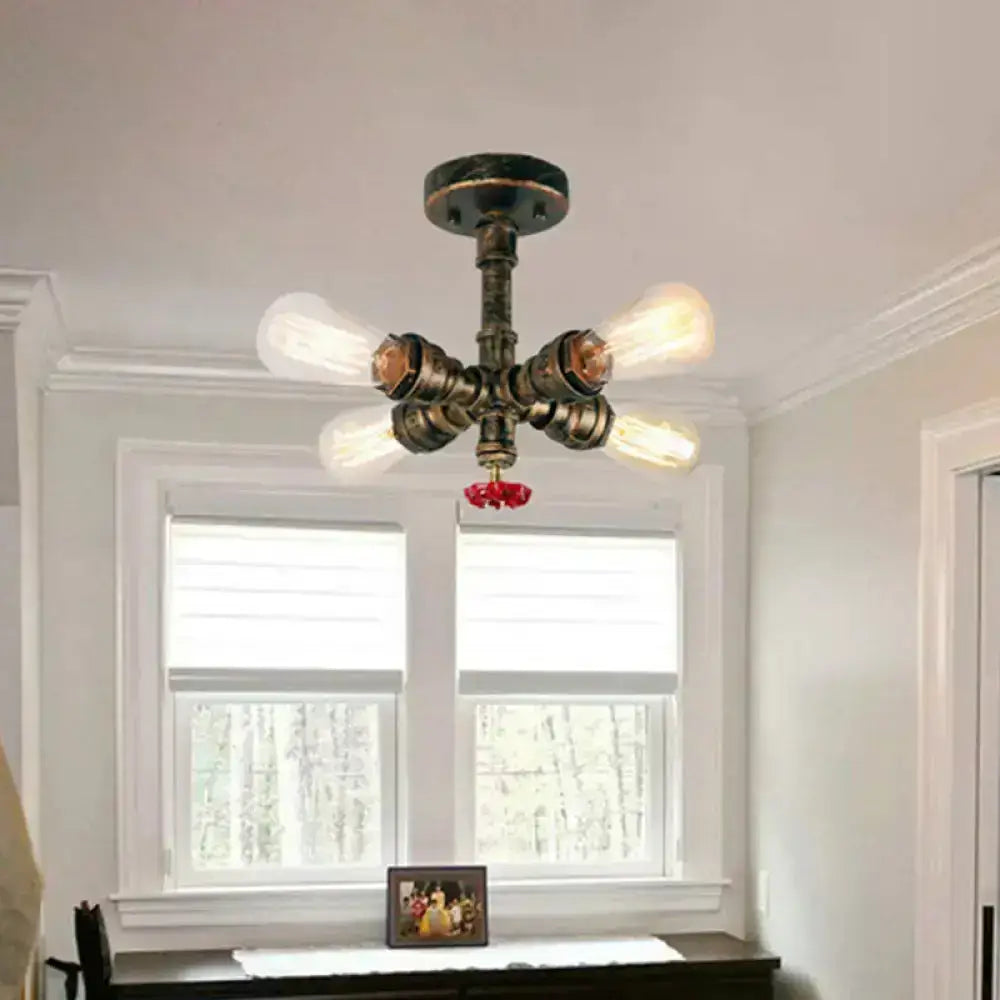 Industrial bronze semi flush foyer light with dark rustic metal frame and five decorative valve bulb base edison bulbs