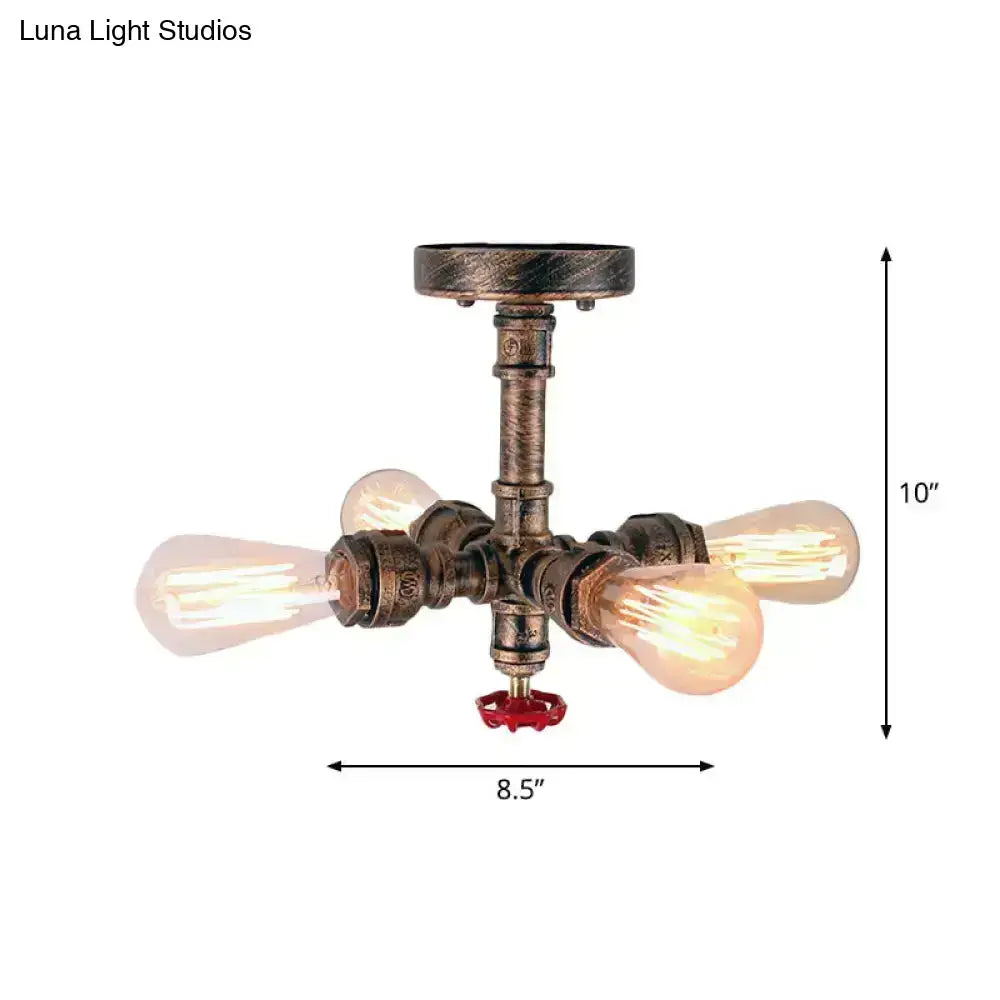Industrial bronze semi flush foyer light with decorative valve bulb base and four exposed edison bulbs on pipe design
