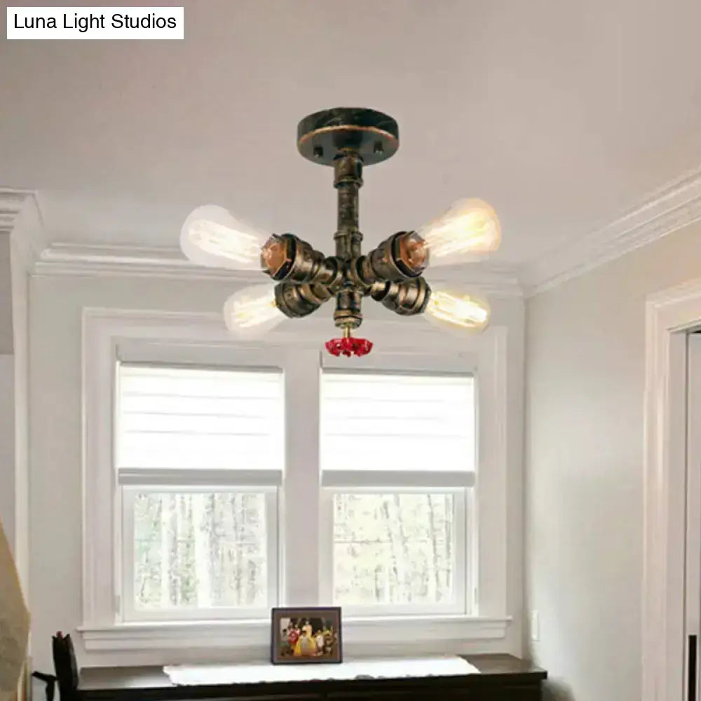 Industrial bronze semi flush foyer light with decorative valve bulb base featuring dark bronze pipe and four edison bulbs