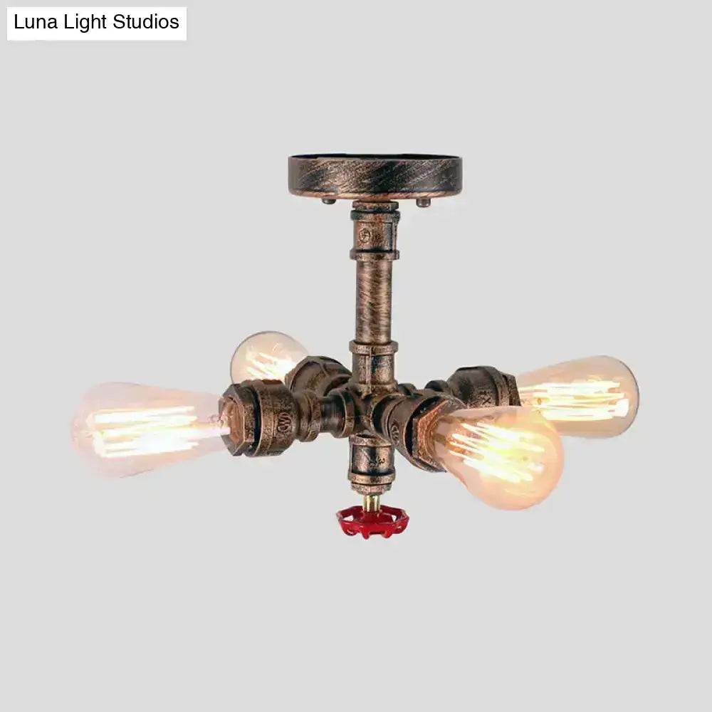 Industrial bronze semi flush foyer light with decorative valve bulb base and rustic pipe design with four edison bulbs