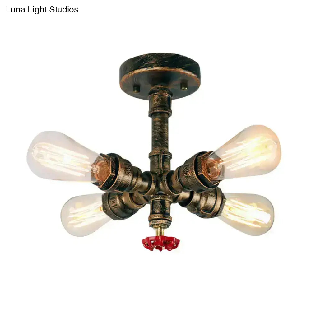 Industrial bronze semi flush foyer light with decorative valve bulb base and four exposed filament bulbs on brass pipe structure