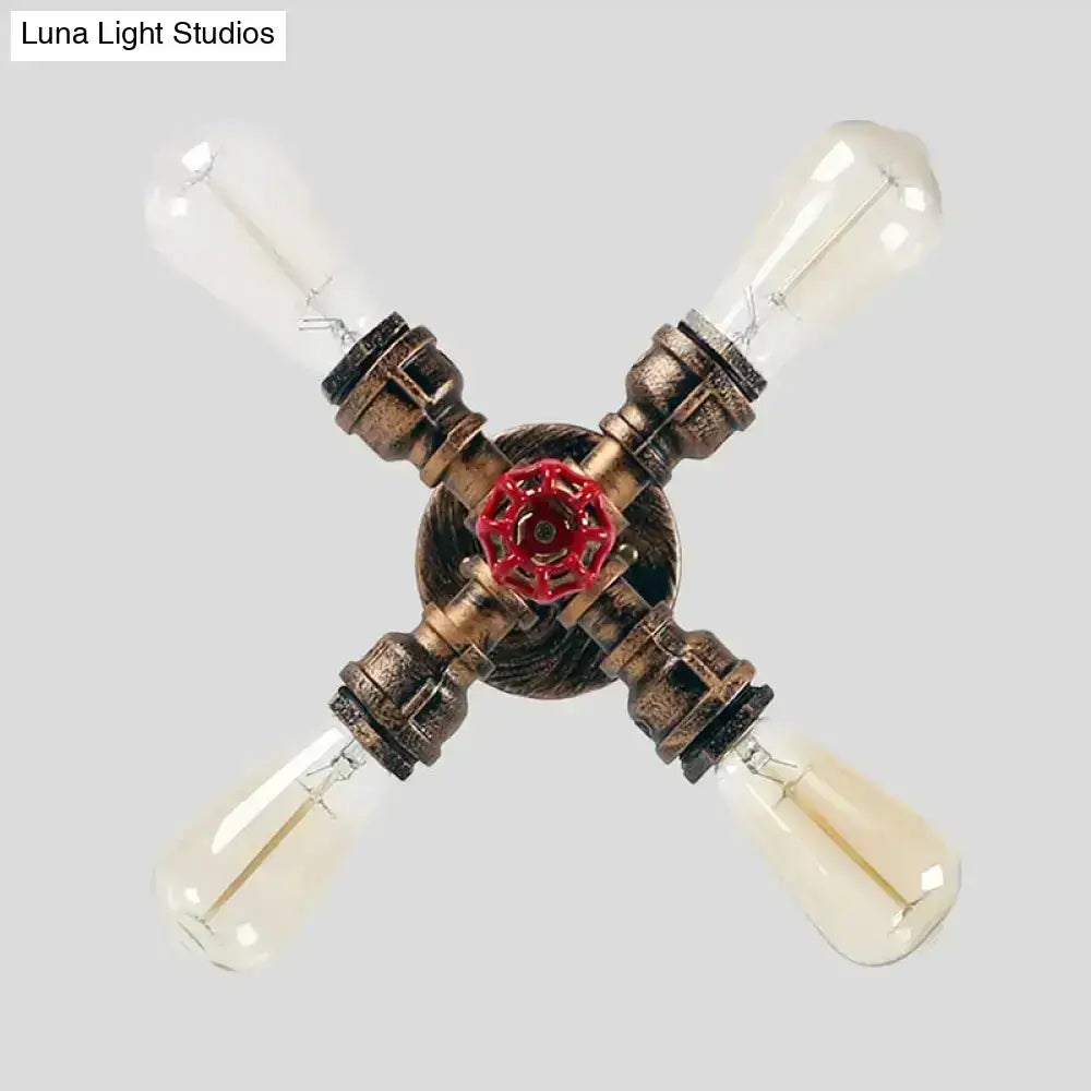 Industrial bronze semi flush foyer light with decorative valve bulb base and four clear filament bulbs in a cross pattern