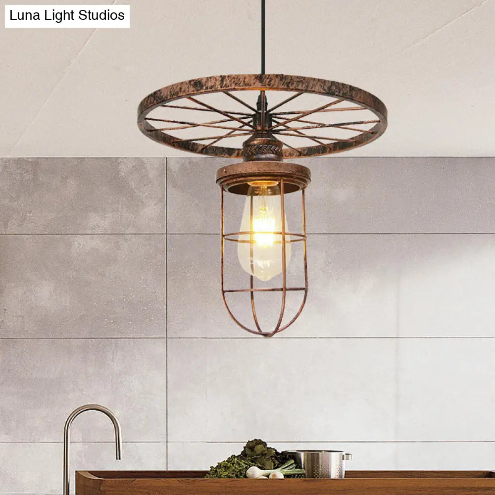 Industrial Bronze Wire Frame Hanging Lamp with Wrought Iron Details and Restaurant Ceiling Mount