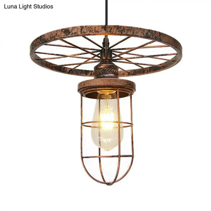 Industrial Bronze Wire Frame Hanging Lamp with Wrought Iron Details and Restaurant Ceiling Mount