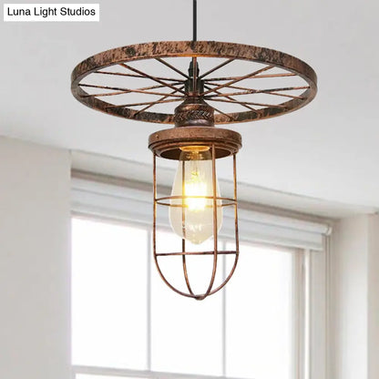 Industrial Bronze Wire Frame Hanging Lamp with Wrought Iron Details and Restaurant Ceiling Mount