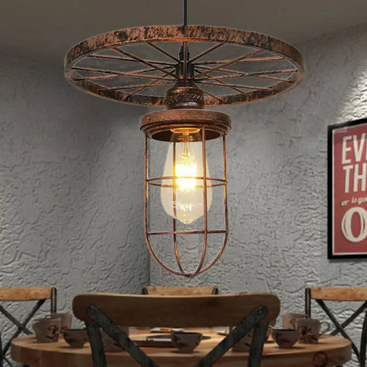 Industrial Bronze Wire Frame Hanging Lamp with Wrought Iron Details and Restaurant Ceiling Mount