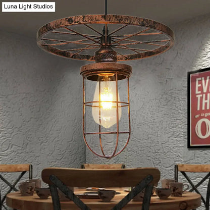 Industrial Bronze Wire Frame Hanging Lamp with Wrought Iron Details and Restaurant Ceiling Mount