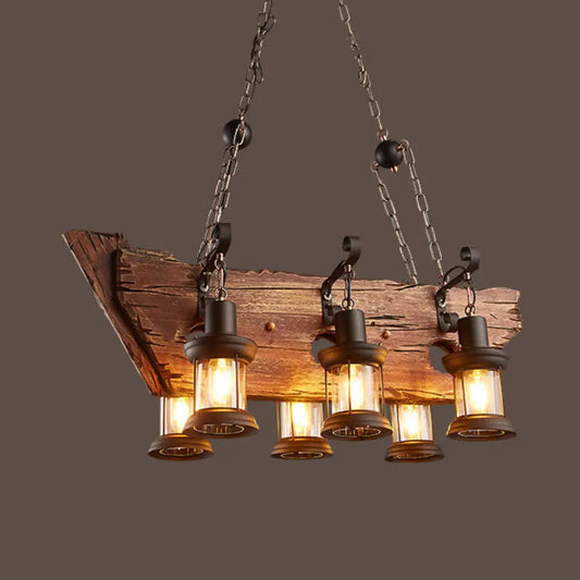 DecorBites™ Industrial Brown Lantern Island Pendant Light with Clear Glass and Wood - 6-Light Fixture