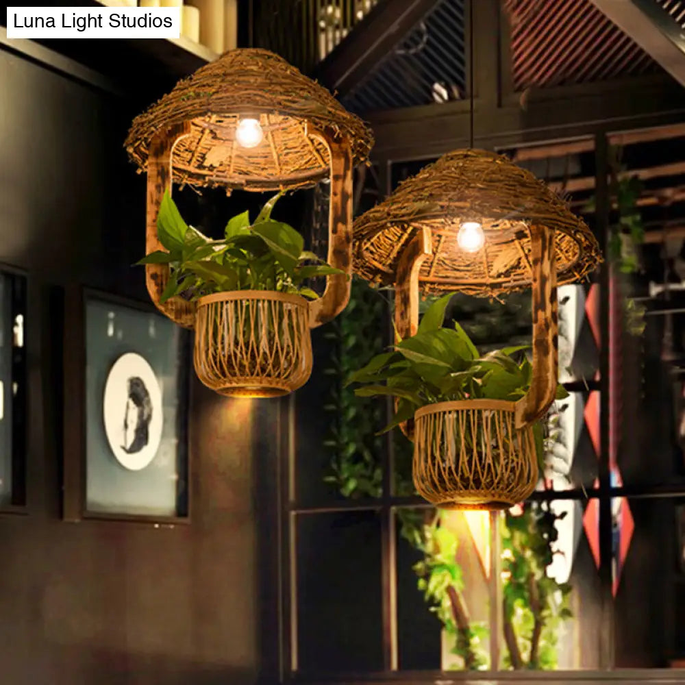 Industrial Brown Rattan Pendant Light for Restaurants - Hut Plant Pot Design