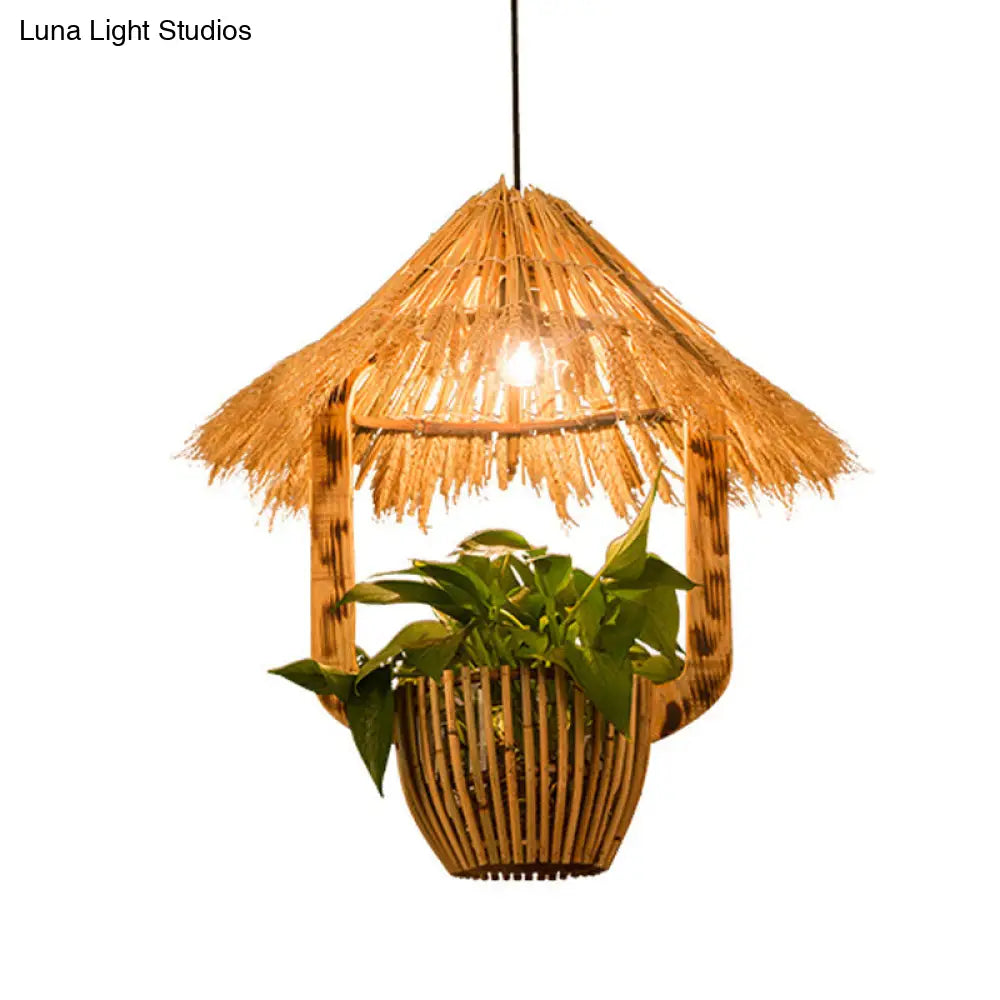 Industrial Brown Rattan Pendant Light for Restaurants - Hut Plant Pot Design