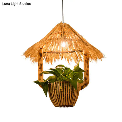 Industrial Brown Rattan Pendant Light for Restaurants - Hut Plant Pot Design