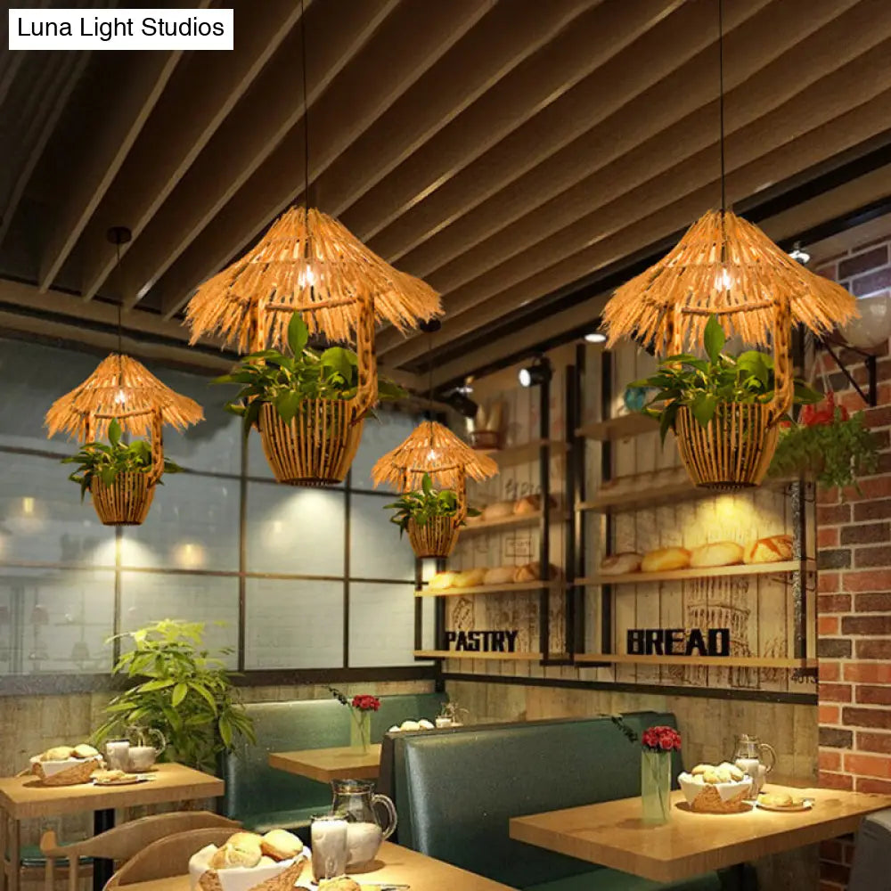 Industrial Brown Rattan Pendant Light for Restaurants - Hut Plant Pot Design