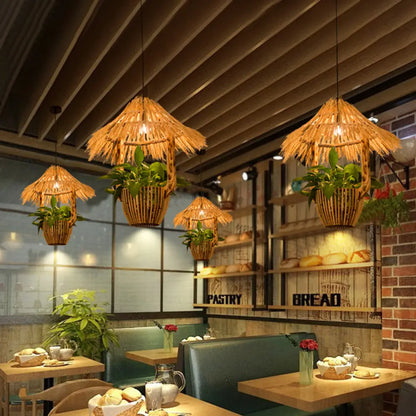 Industrial Brown Rattan Pendant Light for Restaurants - Hut Plant Pot Design