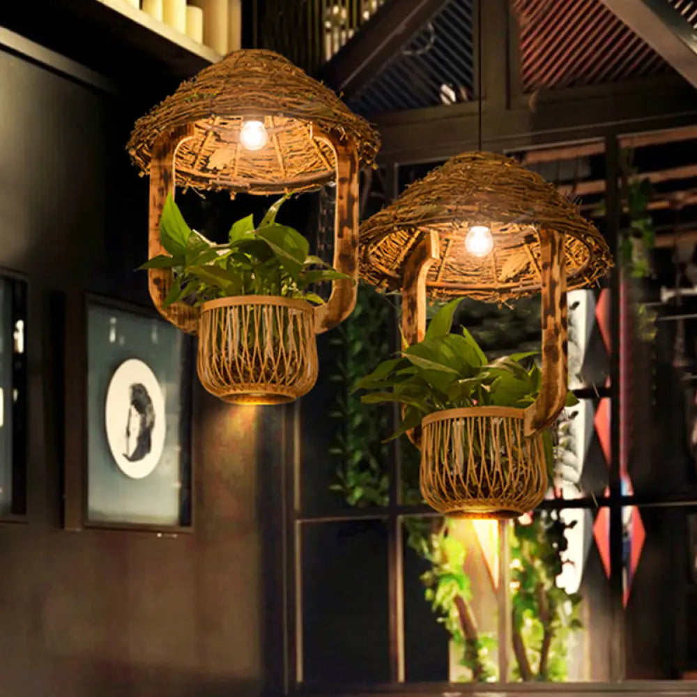 Industrial Brown Rattan Pendant Light for Restaurants - Hut Plant Pot Design