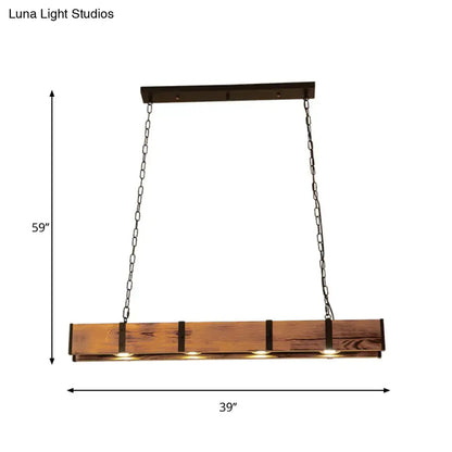 Rustic brown rectangular wooden island ceiling light with black metal accents and chains for kitchen use
