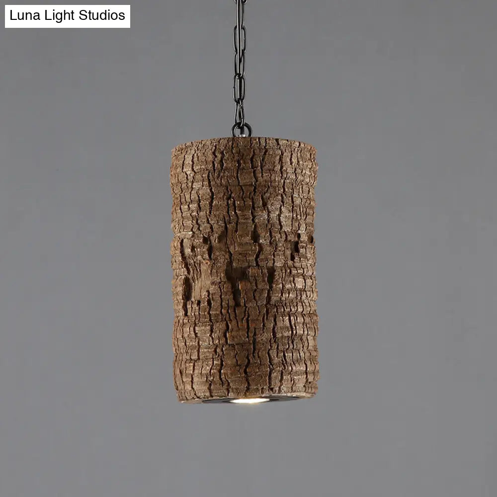 Industrial Brown Resin Pendant Ceiling Lamp - Timber Pile Design - 1 Light Cylinder Hanging Light Kit