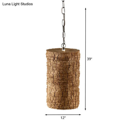 Industrial Brown Resin Pendant Ceiling Lamp - Timber Pile Design - 1 Light Cylinder Hanging Light Kit